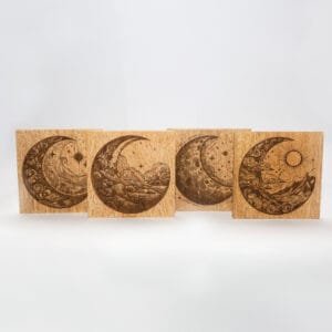 Moon Waves Laser Engraved Wood Coaster Set