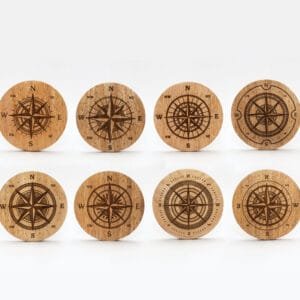 Compass Rose laser engraved wood coasters group