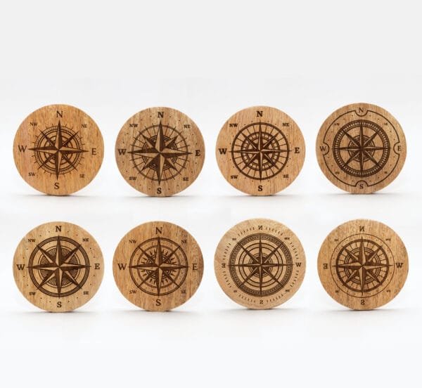 Compass Rose laser engraved wood coasters group